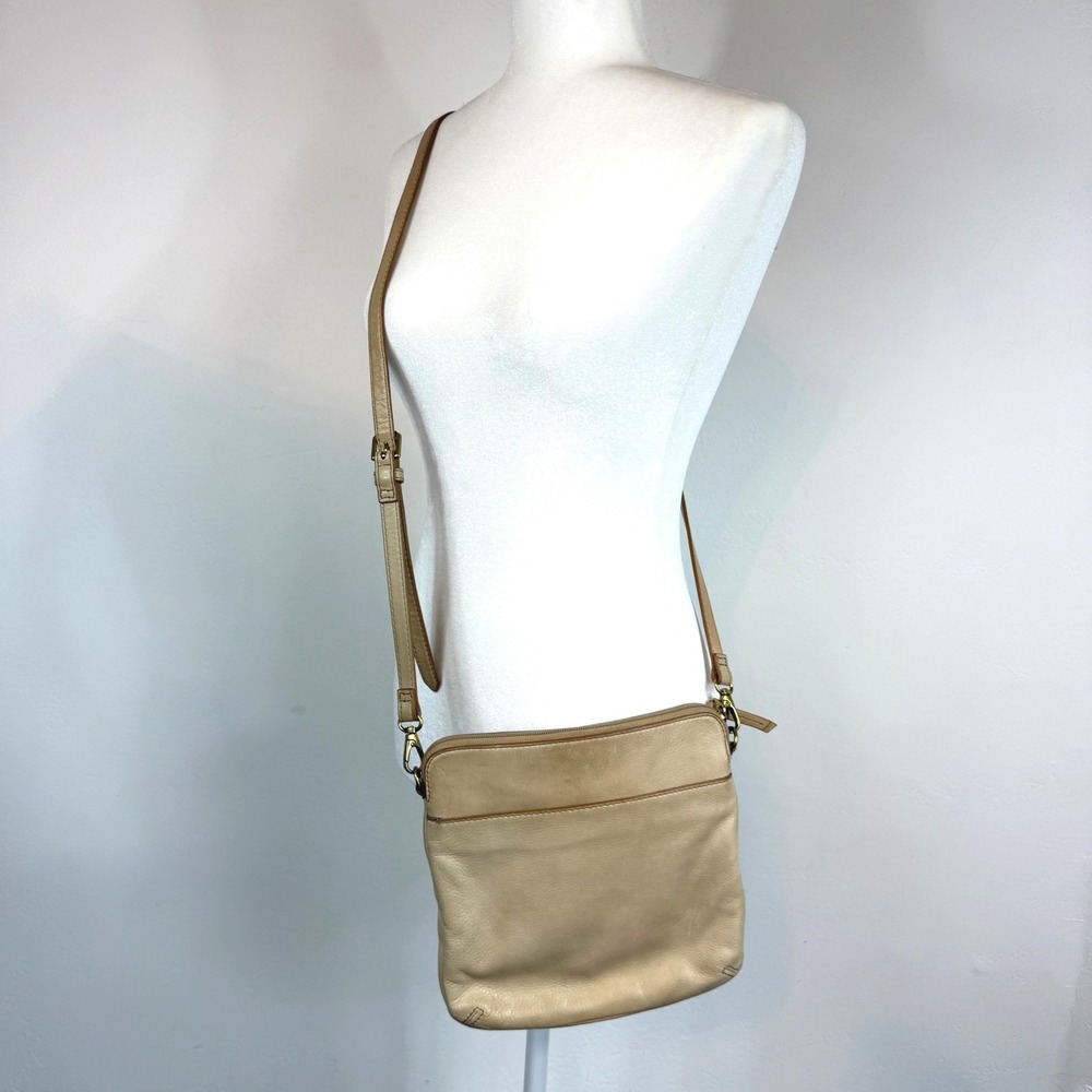 Fossil Leather Crossbody Bag Beige Taupe Tan Brass Y2K Boho Vintage Purse